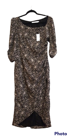 ASTRA / Symmetric Neck Puff Shoulder Dress In Black Floral / L / NWT - Picture 4 of 7